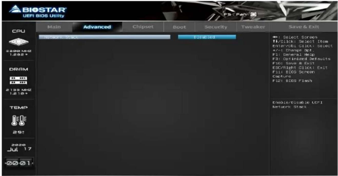 BIOSTAR® UEFI BIOS Utility CPU 3000 MHz 1.282* DRAM 2133 MHz 1.210* TEMP 29: 2020 Jul 17 -00-01- Main Advanced Chipset Boot Security Tweaker Save & Exit Network Stack Disabled ++: Select Screen T1/Click: Select Item Enter/Obl Click: Select +/-: Change Opt. F1: General Help F3: Optimized Defaults F10: Save & Exit ESC/Right Click: Exit F11: BIOS Screen Capture F12: BIOS Flash Enable/Disable UTRI Network Stack.