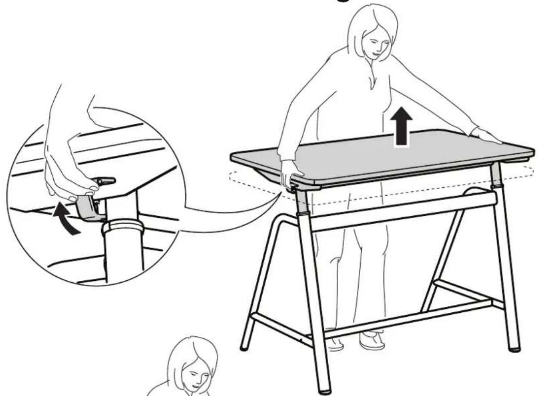 Illustration showing a person using a pressure relief device to lift a table, with an inset close-up highlighting the mechanism.