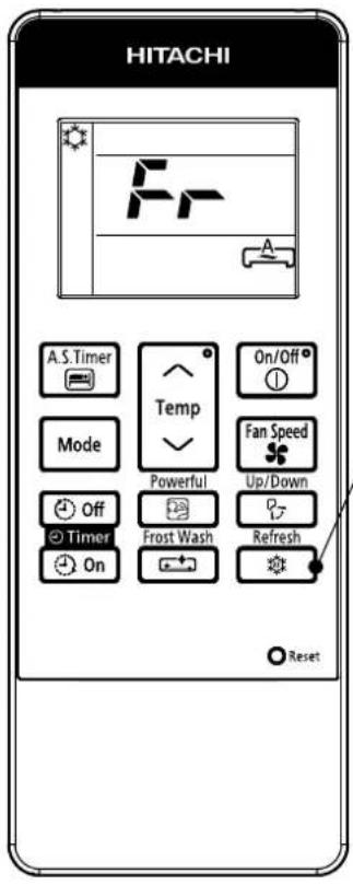 HITACHI A.S.Timer Temp On/Off Mode Powerful Fan Speed Up/Down Off Timer Frost Wash Refresh On Reset