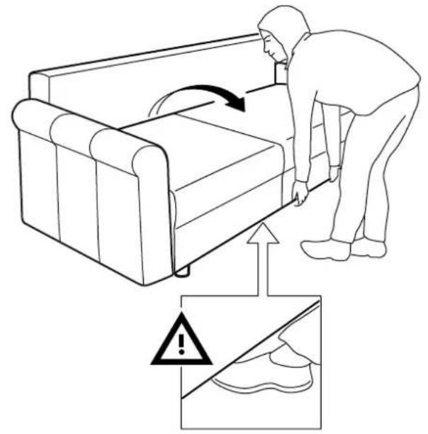 Diagram illustrating a person adjusting a sofa with directional arrows and a warning symbol, likely for safety or comfort management.