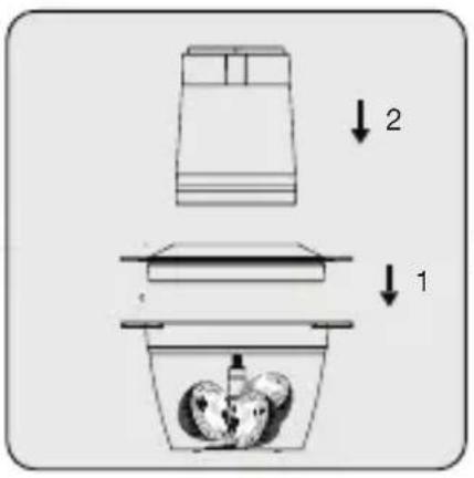 Diagram showing a food preparation step with labeled steps 1 and 2, indicating preparation of fruit in a container.