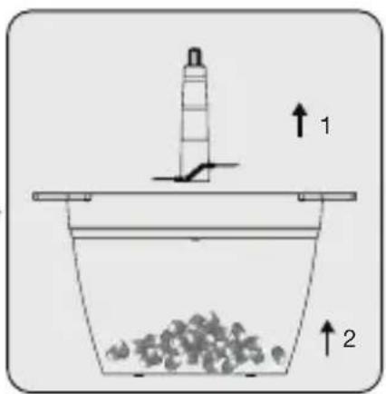 Diagram showing a container with granular material and a moving device above it, labeled with arrows 1 and 2 indicating direction.