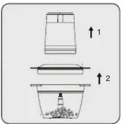 Diagram showing three steps of a container with arrows indicating direction and components, including a lid, lid, and bucket.
