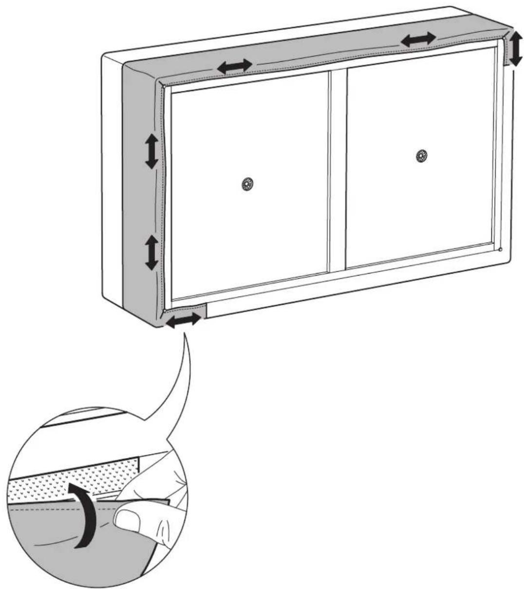 Diagram illustrating a door panel installation with directional arrows and a magnified view of the interior detail.
