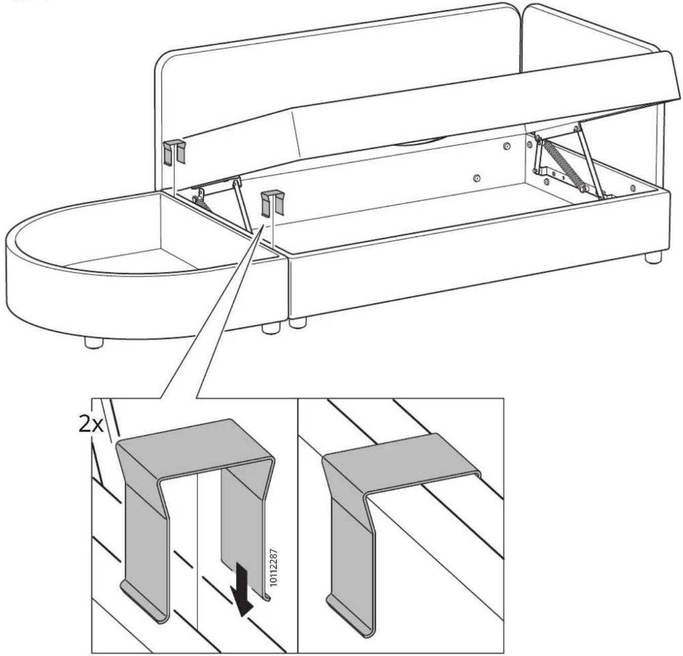 Technical diagram of a mechanical device with labeled components and a 2x magnified view showing internal structure details.