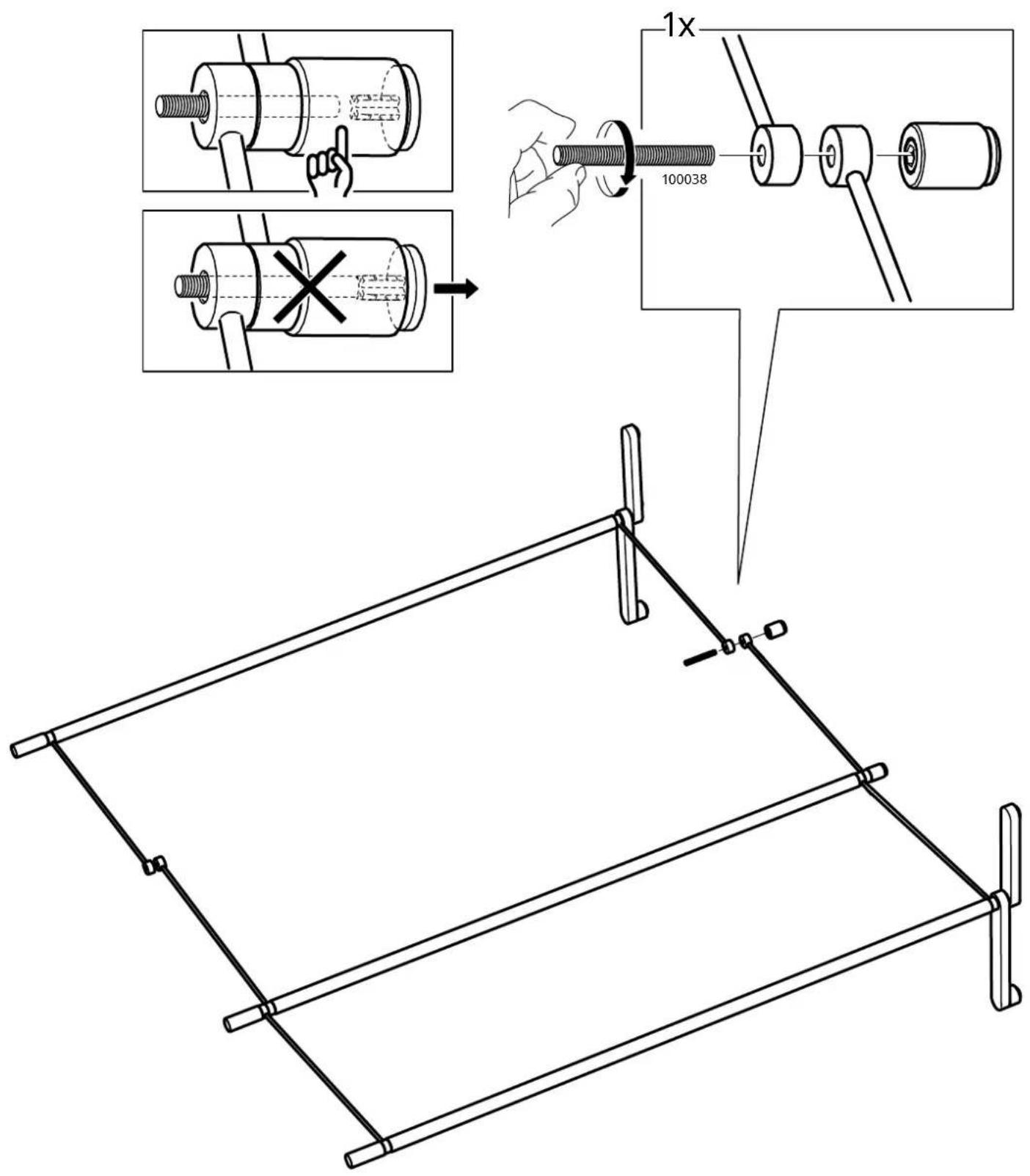 Technical diagram illustrating mechanical assembly steps with labeled components and magnified views