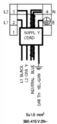 L2 3 L1 2 1 SUPPL Y CORD L1 BLACK L2 GRA Y NEUTRAL BLUE EAR TH TEL-GON 4 N E 5x1.5 mm² 380-415 V 2N~