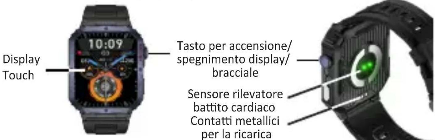 Display Touch 10:09 Tasto per accensione/ spegnimento display/ bracciale Sensore rilevatore battito cardiaco Contatti metallici per la ricarica