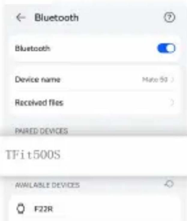 Bluetooth Bluetooth Device name Mate 50 Received files PAIRED DEVICES TFit500S AVAILABLE DEVICES F22R