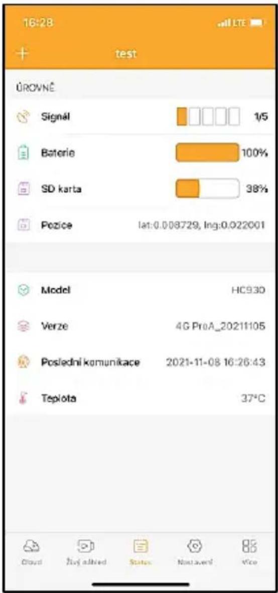 16:28 + test ÚROVNE Signál 1/5 Baterie 100% SD karta 38% Pozice lat:0.008729, Ing:0.022001 Model HC93D Verze 4G ProA_20211105 Poslední komunikace 2021-11-08 16:26:43 Teplota 37°C Cloud Žuví adříd Status Next award Vice