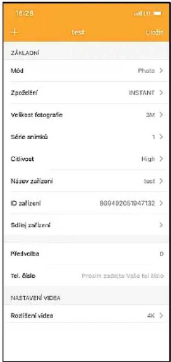 16:28 + test Uložit ZÁKLADNÍ Mód Photo > Zpoždění INSTANT > velikost fotografie 3M > Série snimků 1 > Citlivost High > Název zařízení test > ID zařízení 869492051947132 > Sdílej zařízení > Předvolba 0 Tel. číslo Proším zadejte Vašo tel číslo NASTAVENÍ VIDEA Rozlišení vides 4K >