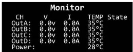 Monitor CH V I TEMP State OutA: 0.0v 0.0A 35°C OutB: 0.0v 0.0A 35°C OutC: 0.0v 0.0A 35°C OutD: 0.0v 0.0A 35°C Power: 28°C