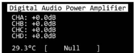 Digital Audio Power Amplifier CHA: +0.0dB CHB: +0.0dB CHC: +0.0dB CHD: +0.0dB 29.3°C [ Null ]