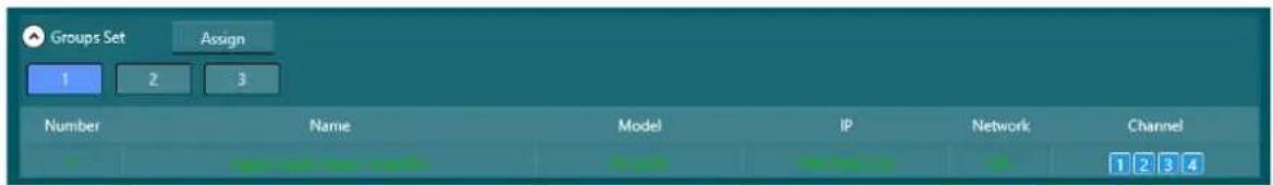 Groups Set Assign 1 2 3 Number Name Model IP Network Channel 1 2 3 4
