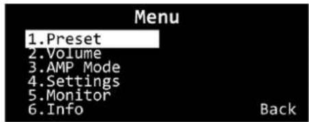 Menu 1.Preset 2.Volume 3.AMP Mode 4.Settings 5.Monitor 6.Info Back