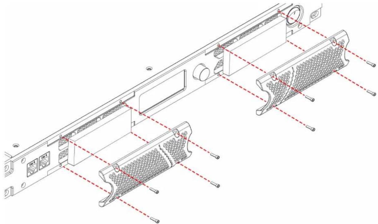 Technical diagram of a server rack with labeled components and red dashed lines indicating assembly or connection points.