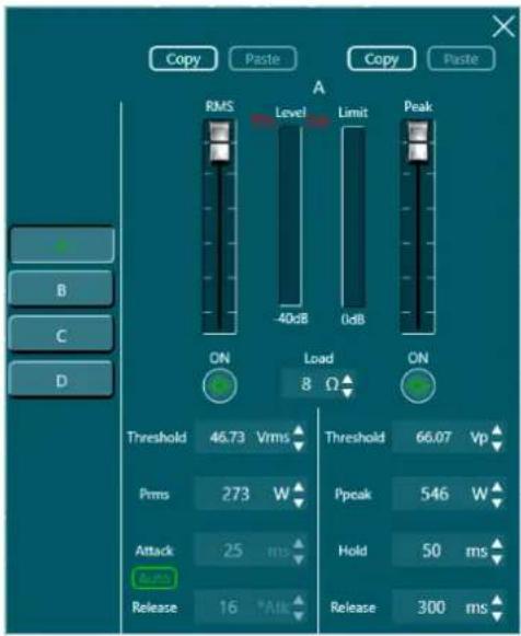 Copy Paste Copy Paste A RMS Level Limit Peak -40dB 0dB ON Load ON 8 Ω Threshold 46.73 Vrms Threshold 66.07 Vp Pms 273 W Ppeak 546 W Attack 25 ms Hold 50 ms Release 16 Alt Release 300 ms