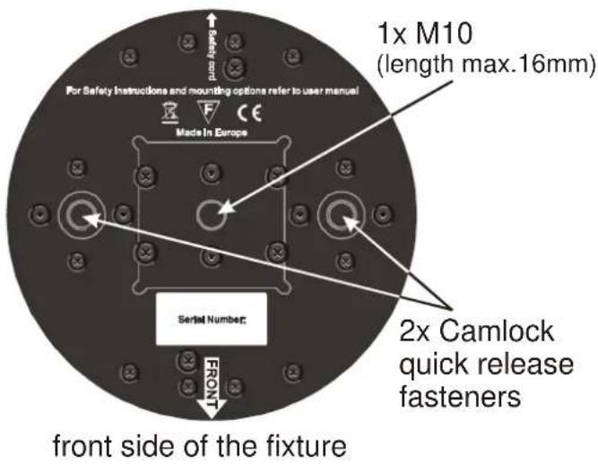 1x M10 (length max.16mm) For Safety Instructions and mounting options refer to user manual Made in Europe Serial Number: 2x Camlock quick release fasteners front side of the fixture