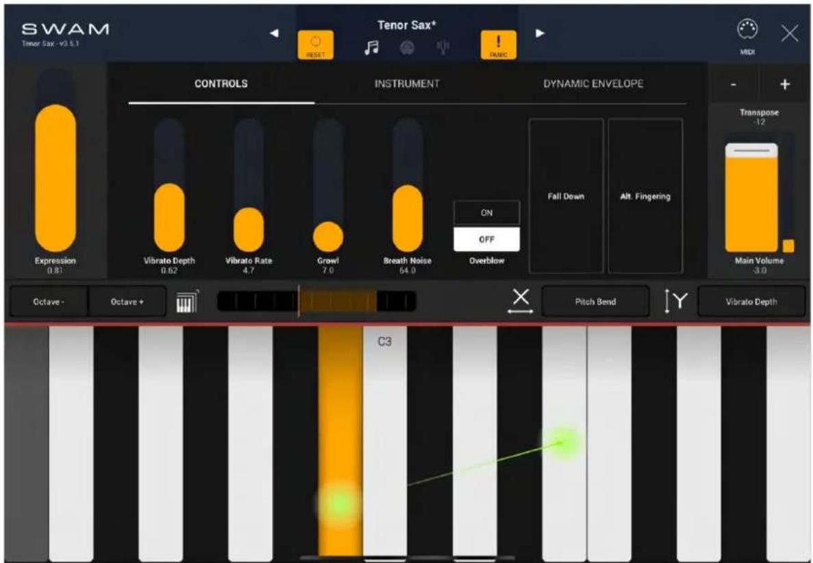SWAM Tenor Sax - V3.5.1 RET Tenor Sax* MINI CONTROLS INSTRUMENT DYNAMIC ENVELOPE Transpose -12 Expression 0.81 Vibrato Depth 0.62 Vibrato Rate 4.7 Crowl 7.0 Breath Noise 64.0 Overblow ON OFF Fall Down Alt. Fingering Main Volume -3.0 Octave - Octave + C3 Pitch Bend Vibrato Depth