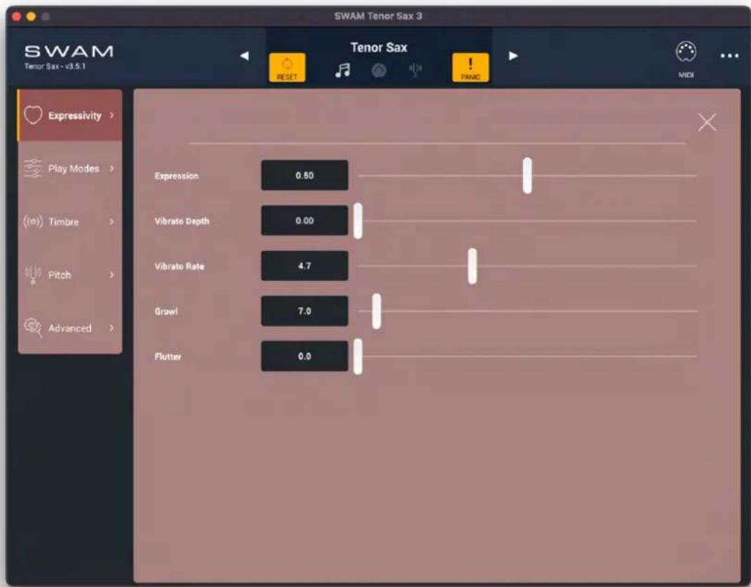 SWAM Tenor Sax 3 Tenor Sax - v3.5.1 Expressivity > Play Modes > Timbre > Pitch > Advanced > Expression 0.50 Vibrato Depth 0.00 Vibrato Rate 4.7 Grawl 7.0 Flutter 0.0 Tenor Sax RESET PANCI MIDI