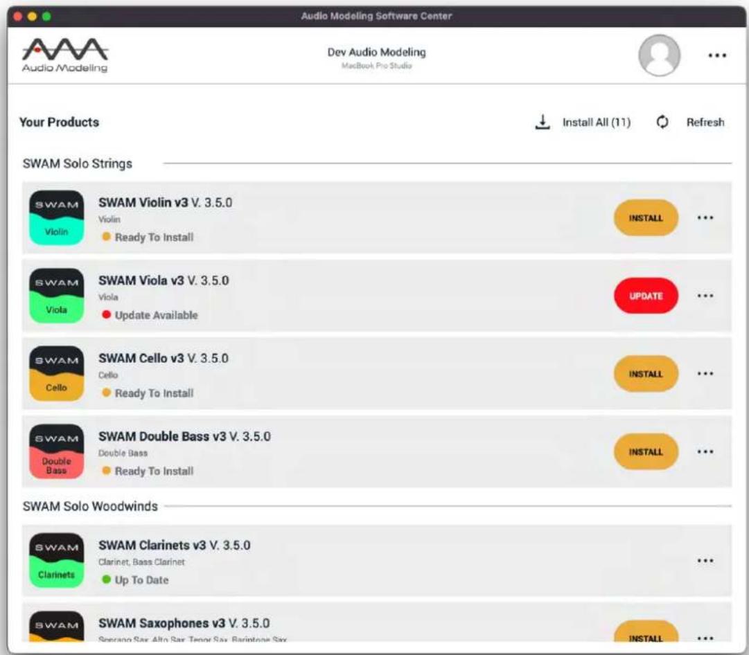 Audio Modeling Software Center Dev Audio Modeling MacBook Pro Studio Your Products ↓ Install All (11) ○ Refresh SWAM Solo Strings SWAM Violin v3 V. 3.5.0 Violin Ready To Install INSTALL ... SWAM Viola v3 V. 3.5.0 Viola Update Available UPDATE ... SWAM Cello v3 V. 3.5.0 Cello Ready To Install INSTALL ... SWAM Double Bass v3 V. 3.5.0 Double Bass Ready To Install INSTALL ... SWAM Solo Woodwinds SWAM Clarinets v3 V. 3.5.0 Clarinet, Bass Clarinet Up To Date ... SWAM Saxophones v3 V. 3.5.0 Serrano Sax Alto Sax Tenor Sax Baritone Sax INSTALL