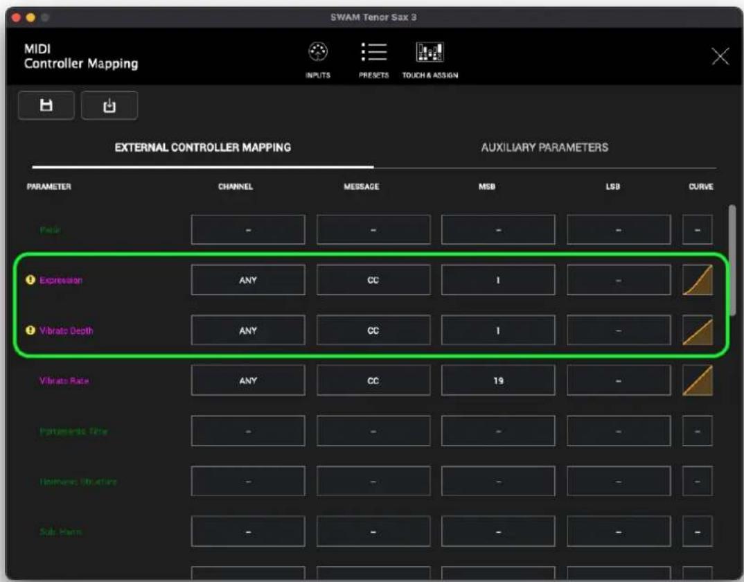 SWAM Tenor Sax 3 MIDI Controller Mapping INPUTS PRESETS TOUCH & ASSIGN EXTERNAL CONTROLLER MAPPING AUXILIARY PARAMETERS PARAMETER CHANNEL MESSAGE MSD LSB CURVE Page - - - - - Expression ANY CC I - Vibratic Depth ANY CC I - Vibratic Rate ANY CC 19 - Parameters Time - - - - - Imminutes Nature - - - - - Sub-Harm - - - - -