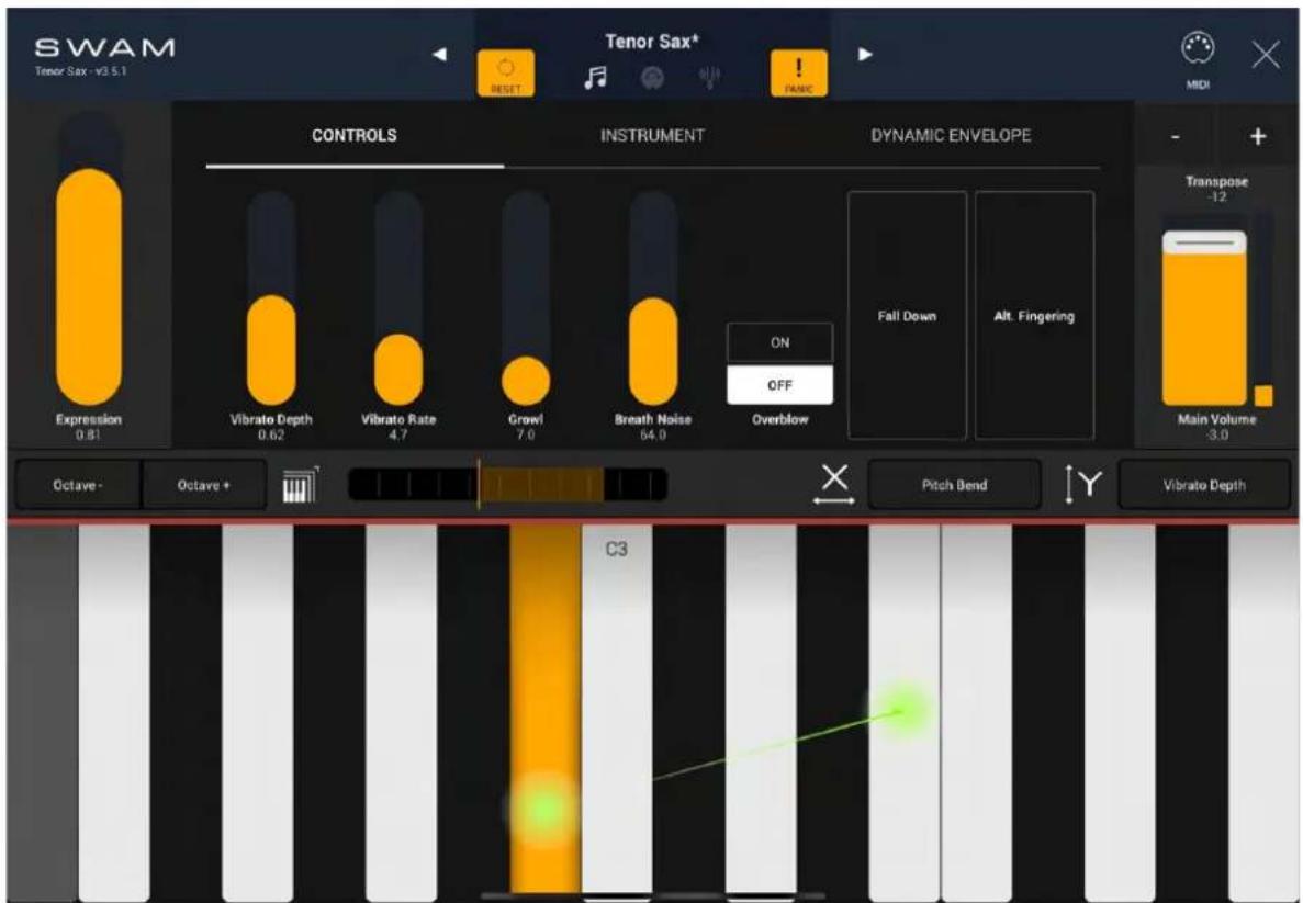 SWAM Tenor Sax -v3.5.1 RET Tenor Sax* MIDI CONTROLS INSTRUMENT DYNAMIC ENVELOPE Expression 0.81 Vibrato Depth 0.62 Vibrato Rate 4.7 Crowf 7.0 Breath Noise 64.9 Overblow ON OFF Fall Down Alt. Fingering Transpose -12 Main Volume -3.0 Octave - Octave + C3 Pitch Bend Vibrato Depth