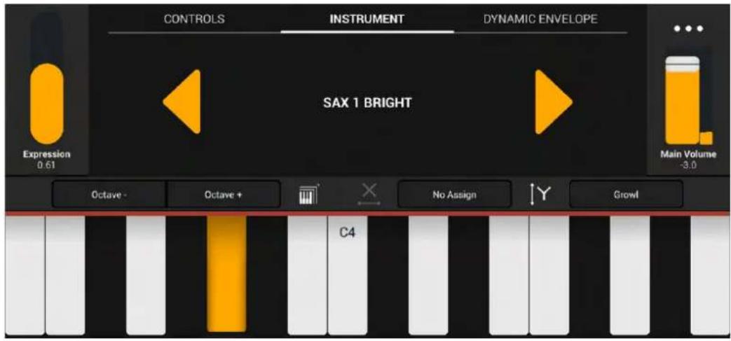 CONTROLS INSTRUMENT DYNAMIC ENVELOPE SAX 1 BRIGHT Expression 0.61 Main Volume -3.0 Octave - Octave + C4 No Assign Growl