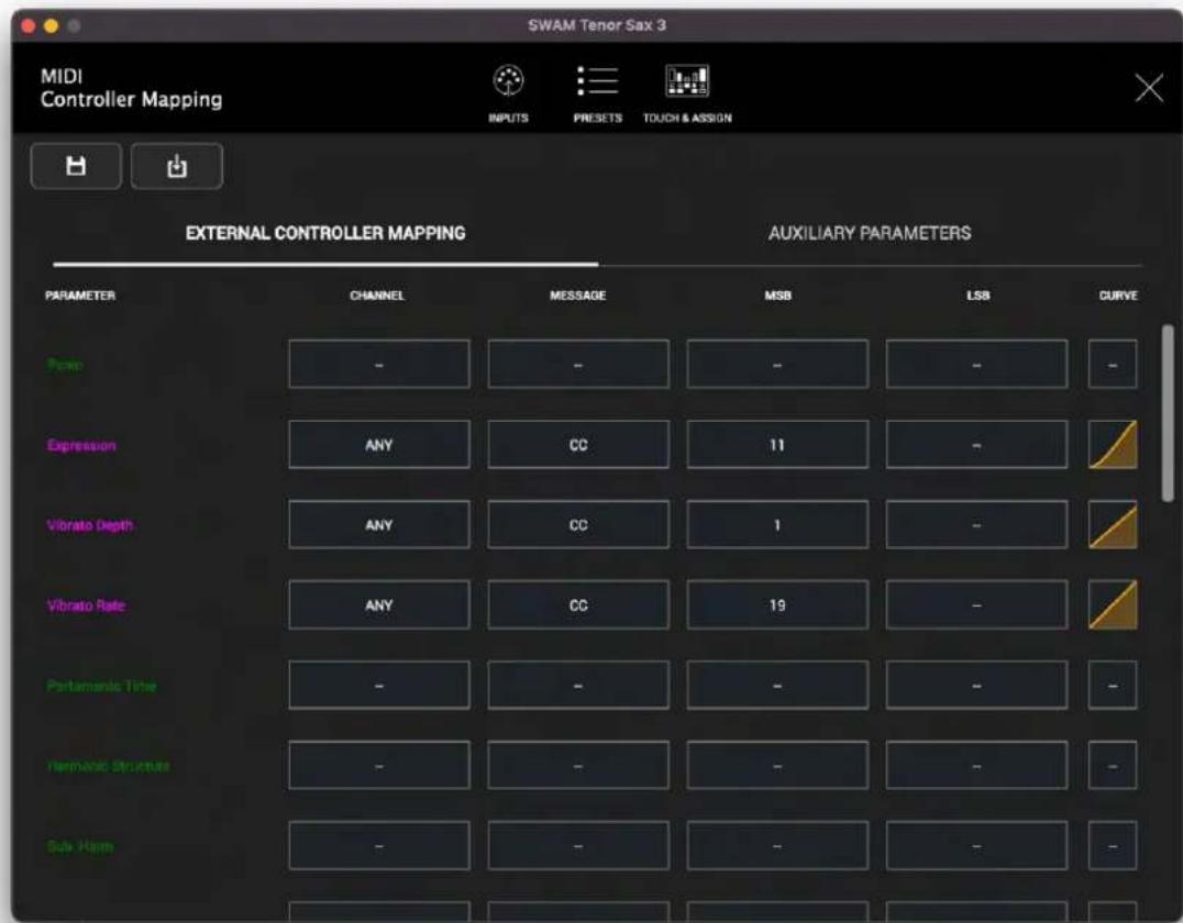 SWAM Tenor Sax 3 MIDI Controller Mapping INPUTS PRESETS TOUCH & ASSIGN EXTERNAL CONTROLLER MAPPING AUXILIARY PARAMETERS PARAMETER CHANNEL MESSAGE MSB LSB CURVE Pencil - - - - - Expression ANY CC 11 - Vibrato Depth ANY CC 1 - Vibrato Rate ANY CC 19 - Portamentic Title - - - - - Hemipiac Structure - - - - - Sub Ham - - - - -