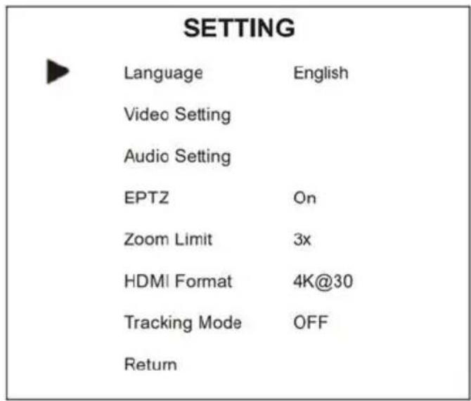 SETTING Language English Video Setting Audio Setting EPTZ On Zoom Limit 3x HDMI Format 4K@30 Tracking Mode OFF Return