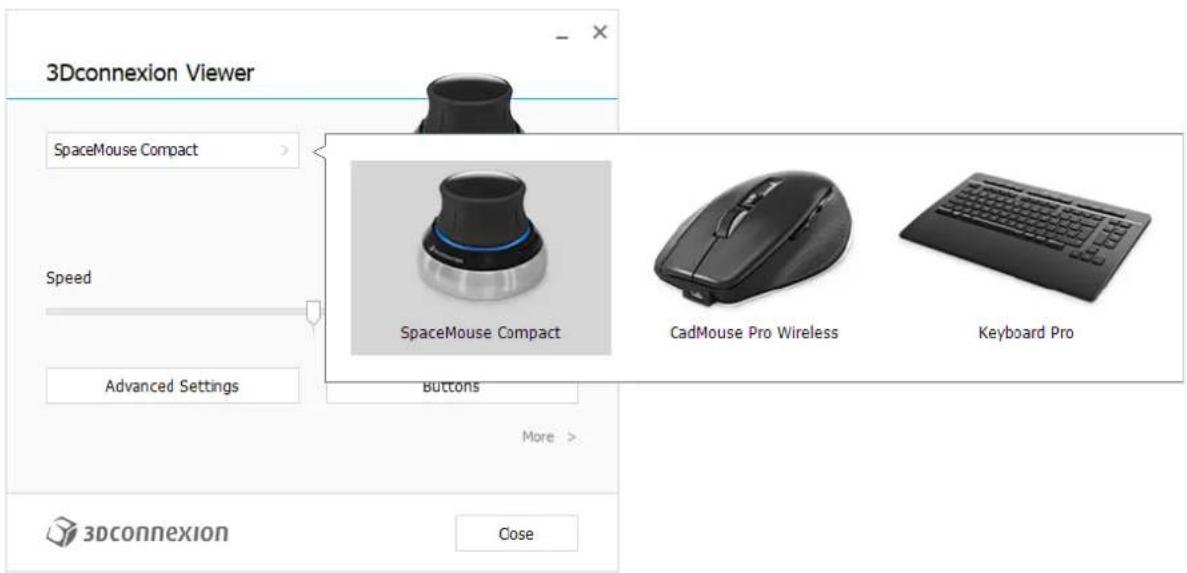 3Dconnexion Viewer SpaceMouse Compact Speed Advanced Settings Buttons 3Dconnexion Close SpaceMouse Compact CadMouse Pro Wireless Keyboard Pro