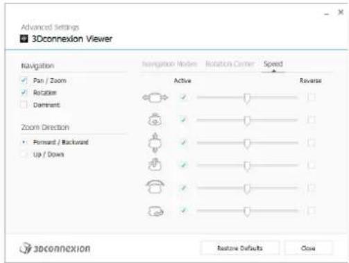 Advanced Settings ■ 3DConnexion Viewer Navigation Pan / Zoom Rotation Dominant Zoom Direction Forward / Backward Up / Down Navigation Mode Rotation Center Speed Active Reverse 3Dconnexion Restore Defaults Close