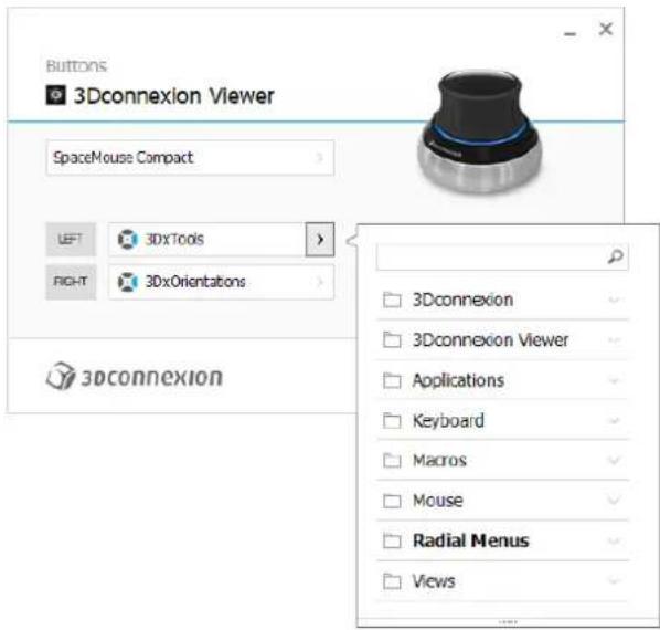 Buttons 3Dconnexion Viewer SpaceMouse Compact LEFT 3DxTools RIGHT 3DxOrientations 3Dconnexion 3Dconnexion Viewer Applications Keyboard Macros Mouse Radial Menus Views