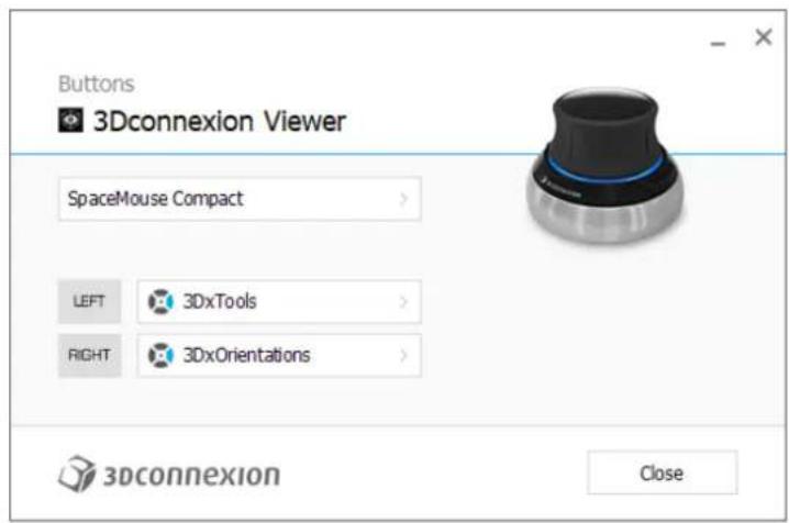 Buttons 3Dconnexion Viewer SpaceMouse Compact > LEFT 3DxTools > RIGHT 3DxOrientations > 3Dconnexion Close