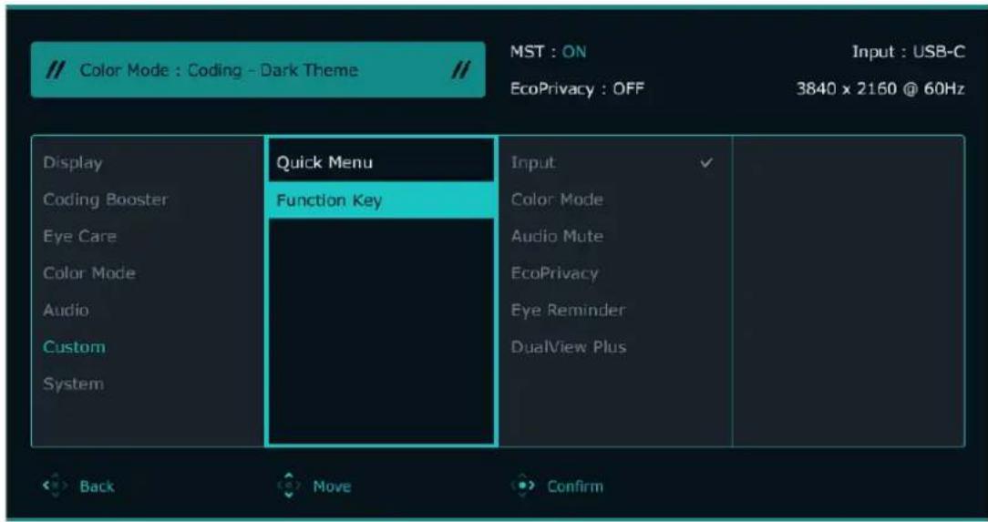// Color Mode : Coding - Dark Theme // MST : ON Input : USB-C EcoPrivacy : OFF 3840 x 2160 @ 60Hz Display Coding Booster Eye Care Color Mode Audio Custom System Quick Menu Function Key Input Color Mode Audio Mute EcoPrivacy Eye Reminder DualView Plus Back Move Confirm