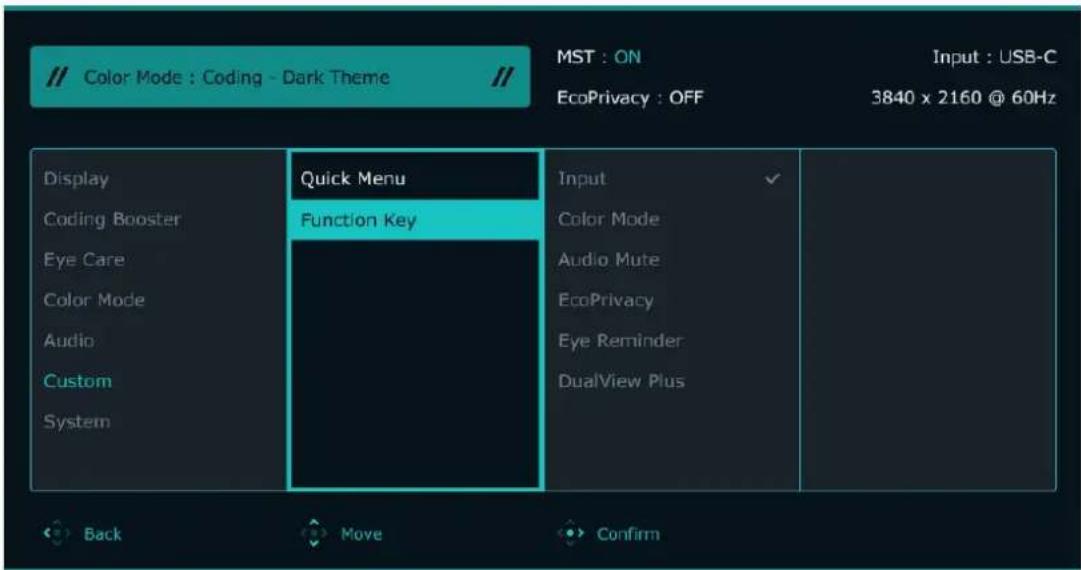 // Color Mode : Coding - Dark Theme // MST : ON Input : USB-C EcoPrivacy : OFF 3840 x 2160 @ 60Hz Display Coding Booster Eye Care Color Mode Audio Custom System Quick Menu Function Key Input Color Mode Audio Mute EcoPrivacy Eye Reminder DualView Plus Back Move Confirm