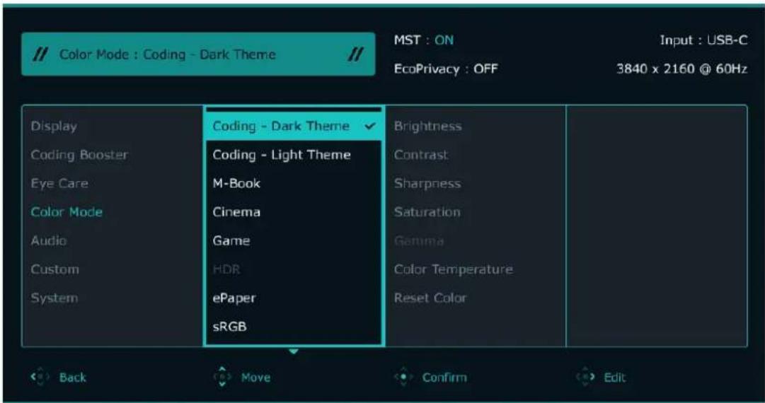 // Color Mode : Coding - Dark Theme MST : ON Input : USB-C EcoPrivacy : OFF 3840 x 2160 @ 60Hz Display Coding Booster Eye Care Color Mode Audio Custom System Coding - Dark Theme Coding - Light Theme M-Book Cinema Game HDR ePaper sRGB Brightness Contrast Sharpness Saturation Gamma Color Temperature Reset Color Back Move Confirm Edit