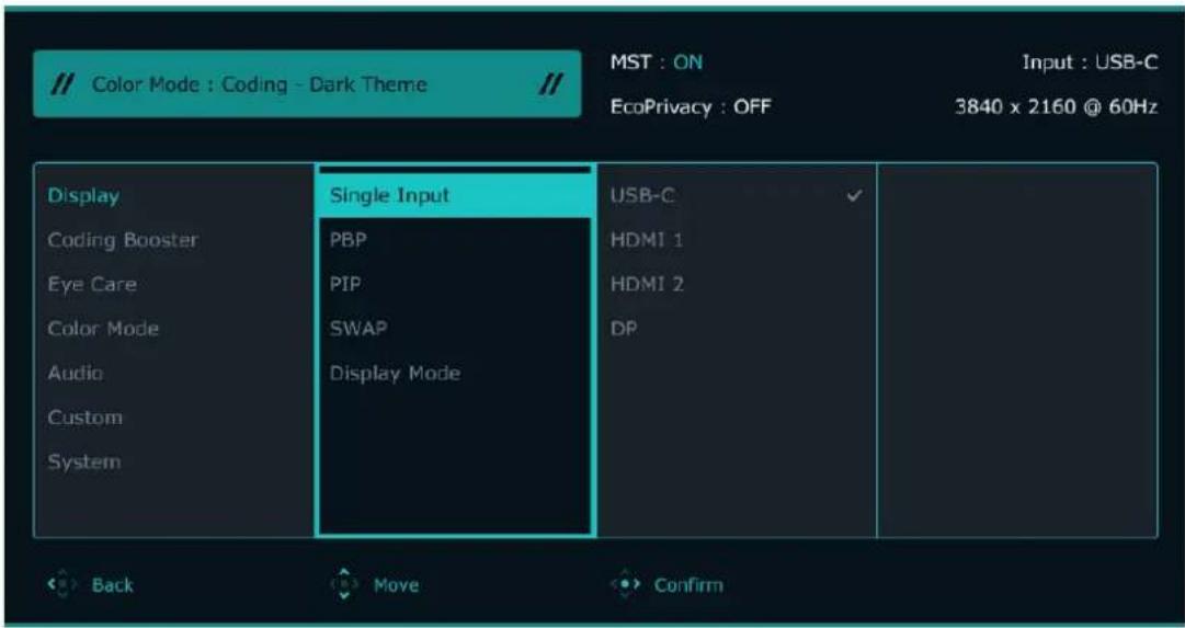 // Color Mode : Coding - Dark Theme MST : ON Input : USB-C EcoPrivacy : OFF 3840 x 2160 @ 60Hz Display Coding Booster Eye Care Color Mode Audio Custom System Single Input PBP PIP SWAP Display Mode USB-C HDMI 1 HDMI 2 DP Back Move Confirm
