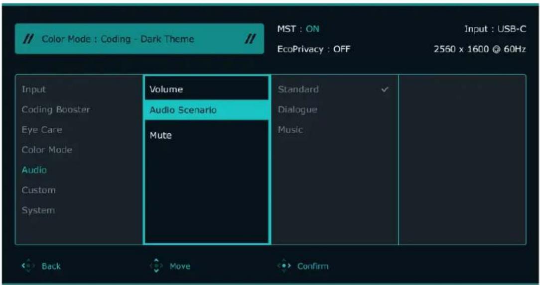 // Color Mode : Coding - Dark Theme MST : ON Input : USB-C EcoPrivacy : OFF 2560 x 1600 @ 60Hz Input Coding Booster Eye Care Color Mode Audio Custom System Volume Audio Scenario Mute Standard Dialogue Music Back Move Confirm