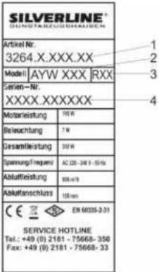 SILVERLINE® 21.0007.0007.0007.0007.0007.0007.0007.0007.0007.0007.0007.0007.0007.0007.0007.0007.0007.0007.0007.0007.0006.12.23 1 2 3 4 Artikel Nr. 3264.X.XXX.XX Model: AYW XXX RXX Semen-Nr. XXXX.XXXXXXX Motorleistung 150 R Beleuchtung 7 W Desamtleistung 350 R Spannung/Frequency AC28-34V -15Hz Abflattleistung 956/4/8 Akkaufanskloss 150 mm CE EN 60335-3-31 SERVICE HOTLINE Tel.: +49 (9) 2181 - 75668-350 Fax: +49 (9) 2181 - 75668-33