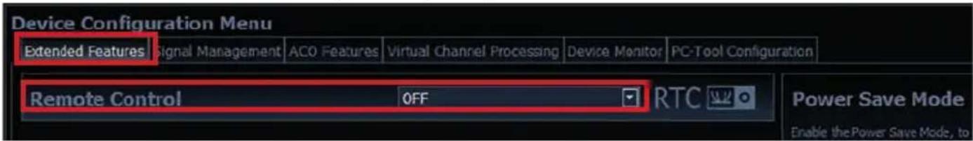 Device Configuration Menu Extended Features Signal Management ACO Features Virtual Channel Processing Device Monitor PC-Tool Configuration Remote Control OFF RTC Power Save Mode Enable the Power Save Mode, to