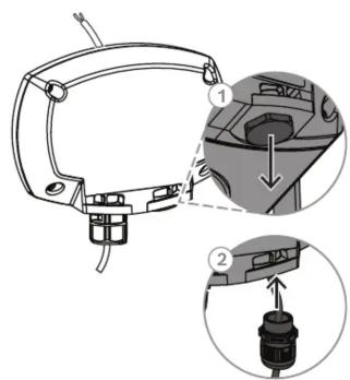 Diagram showing mechanical component assembly with numbered parts and directional arrows indicating motion or assembly.
