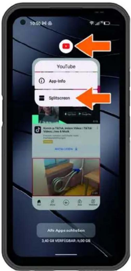 10:50 YouTube App-Info Splitscreen Alle Apps schließen 3,40 GB VERFÜGBAR /4,00 GB