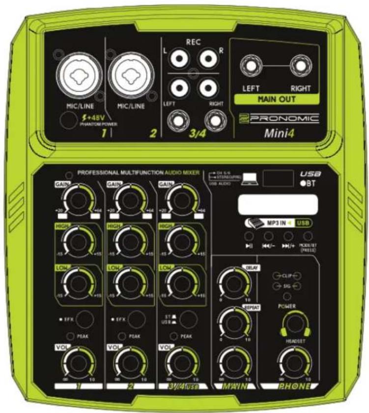 MIC/LINE +48V PHANTOM POWER 1 2 REC L R LEFT RIGHT MAIN OUT PRONOMIC Mini4 PROFESSIONAL MULTIFUNCTION AUDIO MIXER GAIN +20 -64 +20 +64 GAIN +20 -64 HIGH -15 +65 HIGH -15 +65 HIGH -15 +65 LOW -15 +65 LOW -15 +65 LOW -15 +65 EFX PEAK EFX PEAK ST USB PEAK OILAY 0 10 CLIP- SIG- POWER 0 10 HEADSET MINI PHONE 1 2 3/4/USB USB BT