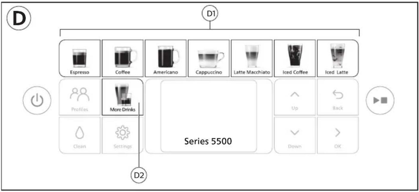 D D1 Espresso Coffee Americano Cappuccino Latte Macchiato Iced Coffee Iced Latte Profiles More Drinks Clean Settings Series 5500 D2 Up Back Down OK
