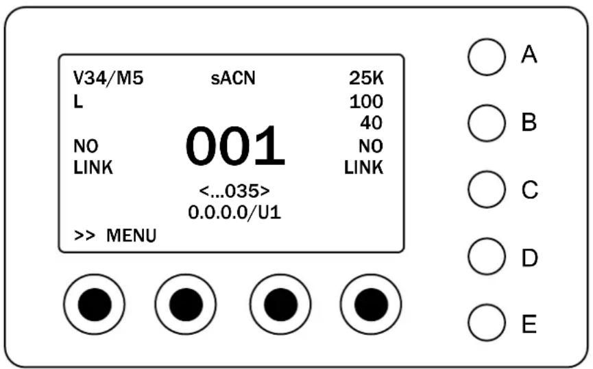 V34/M5 sACN 25K L 100 NO 001 40 LINK No <<.035> 0.0.0.0/U1 >> MENU ○ A ○ B ○ C ○ D ○ E