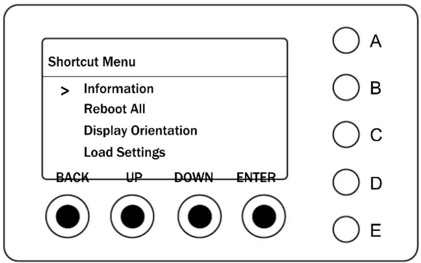 Shortcut Menu > Information Reboot All Display Orientation Load Settings BACK UP DOWN ENTER A B C D E