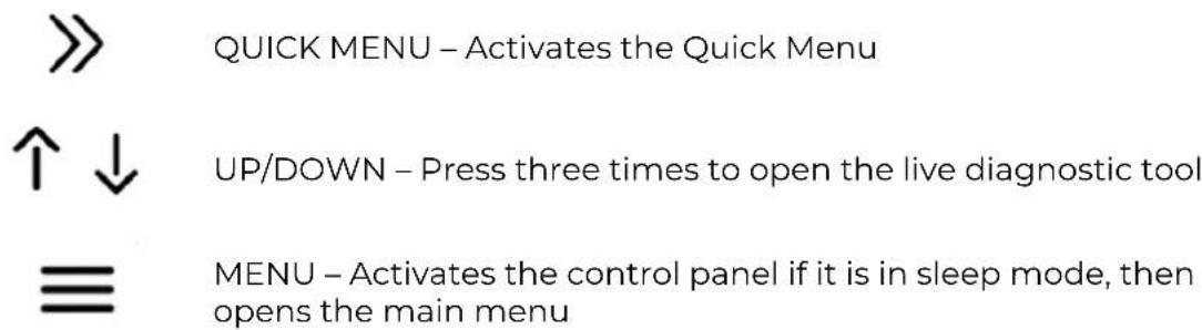 QUICK MENU – Activates the Quick Menu UP/DOWN – Press three times to open the live diagnostic tool MENU – Activates the control panel if it is in sleep mode, then opens the main menu