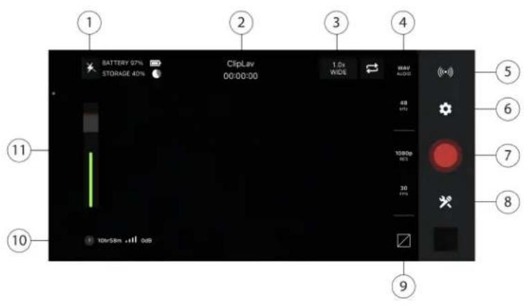 1 BATTERY 57% STORAGE 40% ClipLav 00:00:00 1.0x WIDE WAM AUDIO 68 MHz 1080p MHz 30 100s8m 00s 9 5 6 7 8 10 11