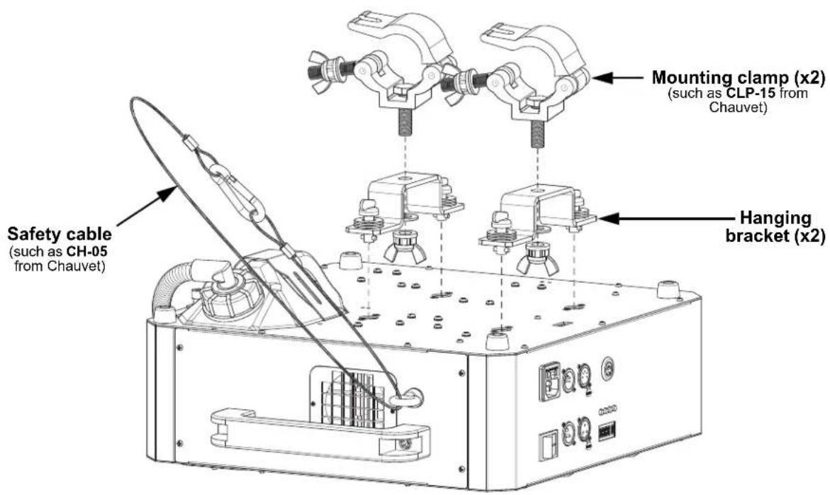 Mounting clamp (x2) (such as CLP-15 from Chauvet) Hanging bracket (x2) Safety cable (such as CH-05 from Chauvet)